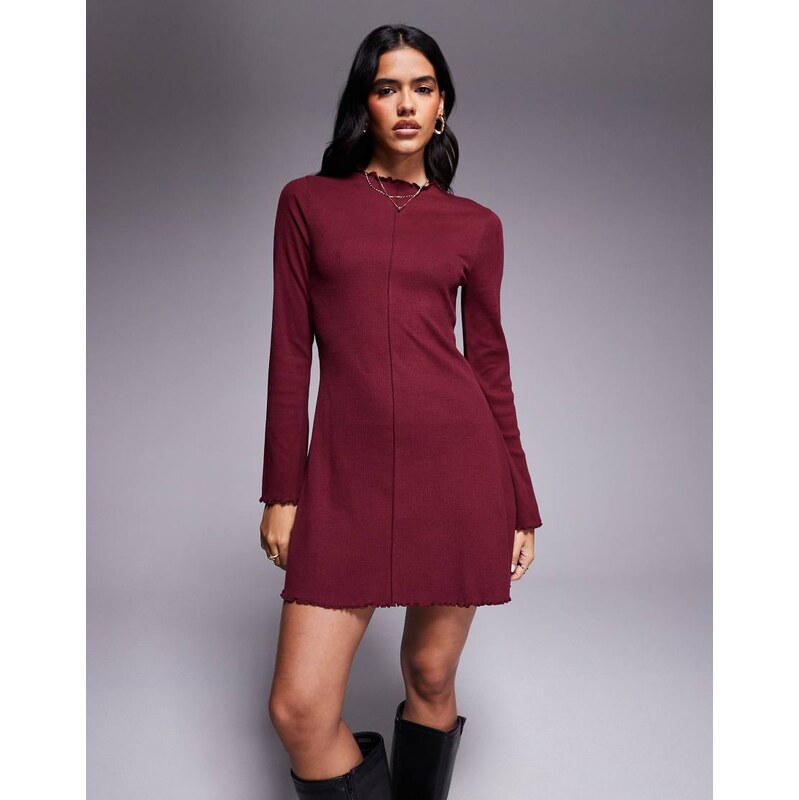 ASOS DESIGN ribbed long sleeve lettuce hem mini dress in