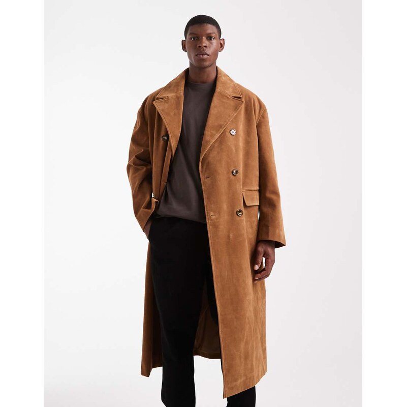 ASOS DESIGN faux suede overcoat in brown