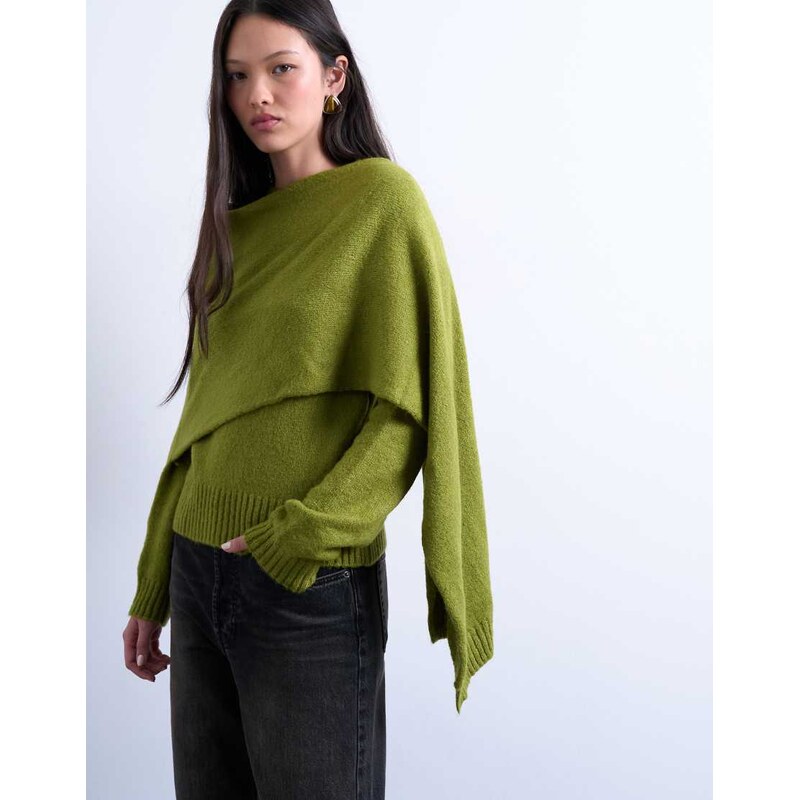 Topshop knitted scarf jumper in olive green 113263418