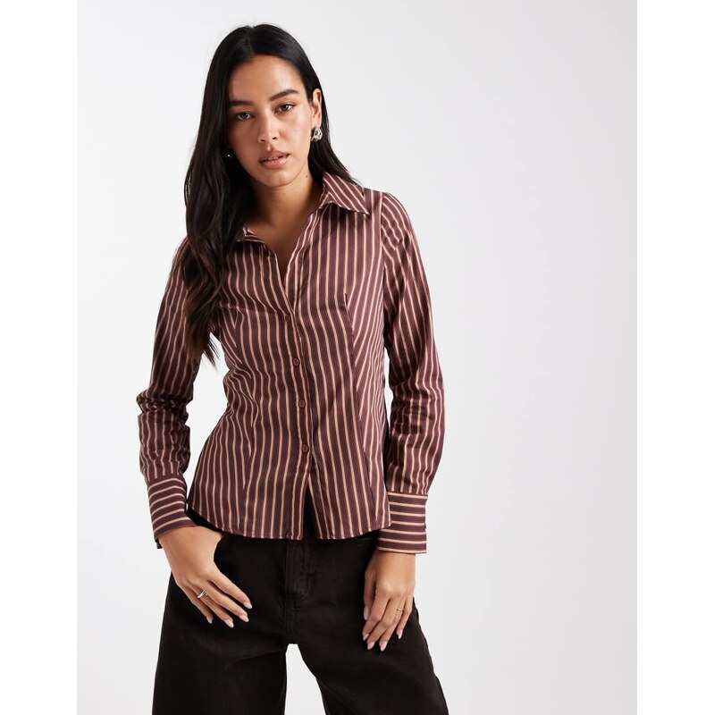 Miss Selfridge poplin fitted shirt in brown stripe-Multi 115517456
