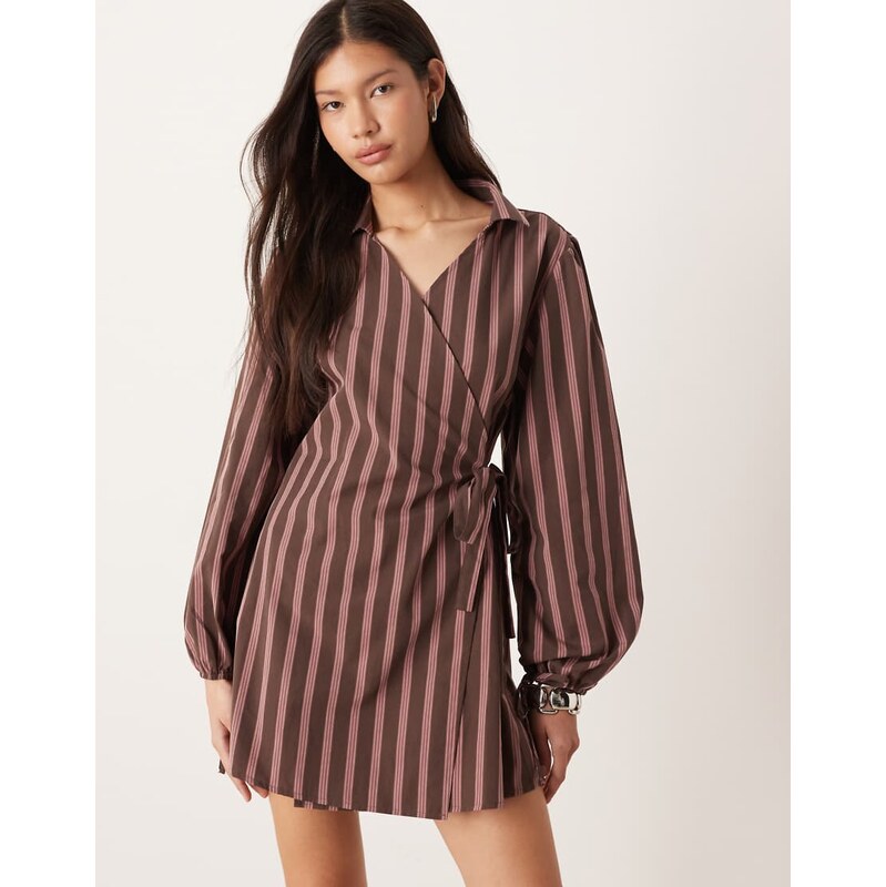 ASOS DESIGN poplin tie side mini shirt dress in chocolate stripe
