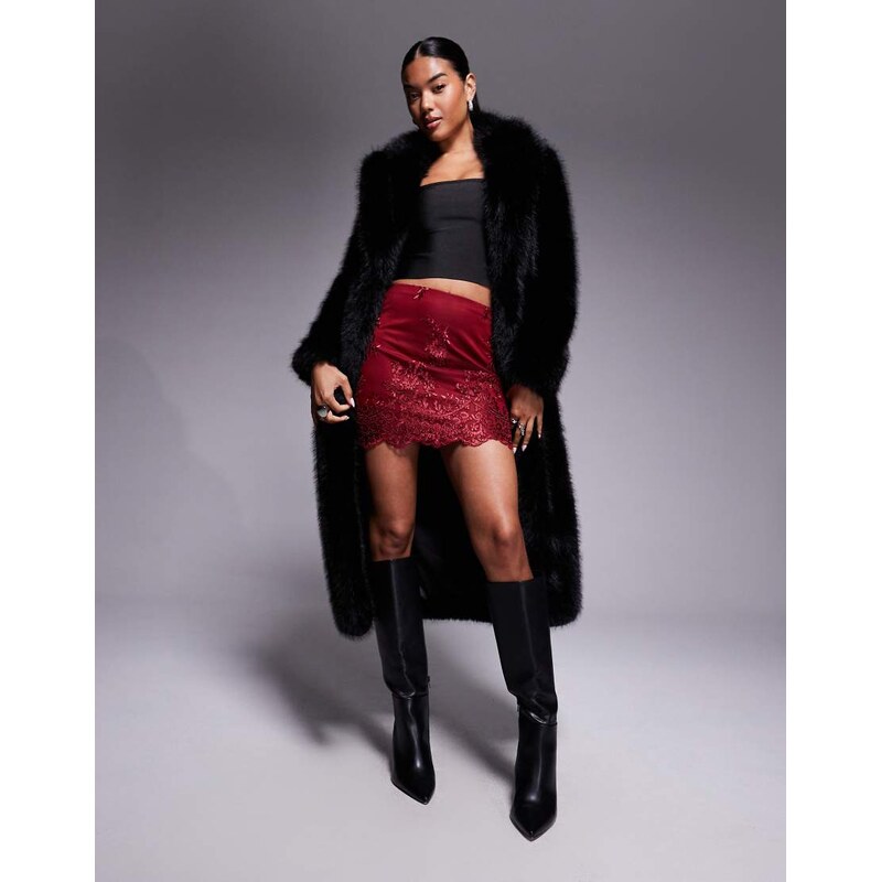 ASOS DESIGN embroidered scalloped hem mini skirt in burgundy