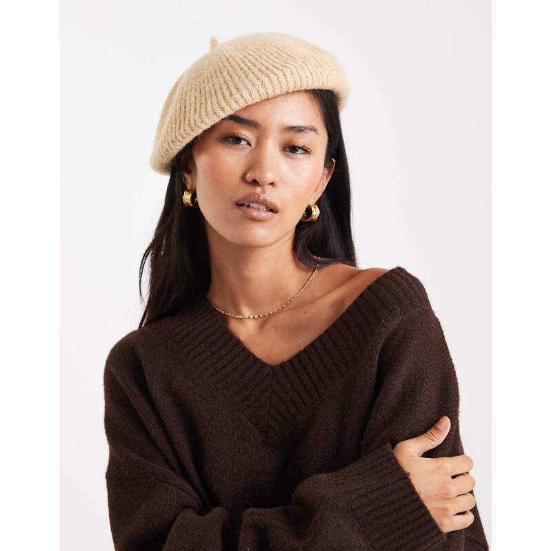 Miss Selfridge knitted beret in camel-Brown