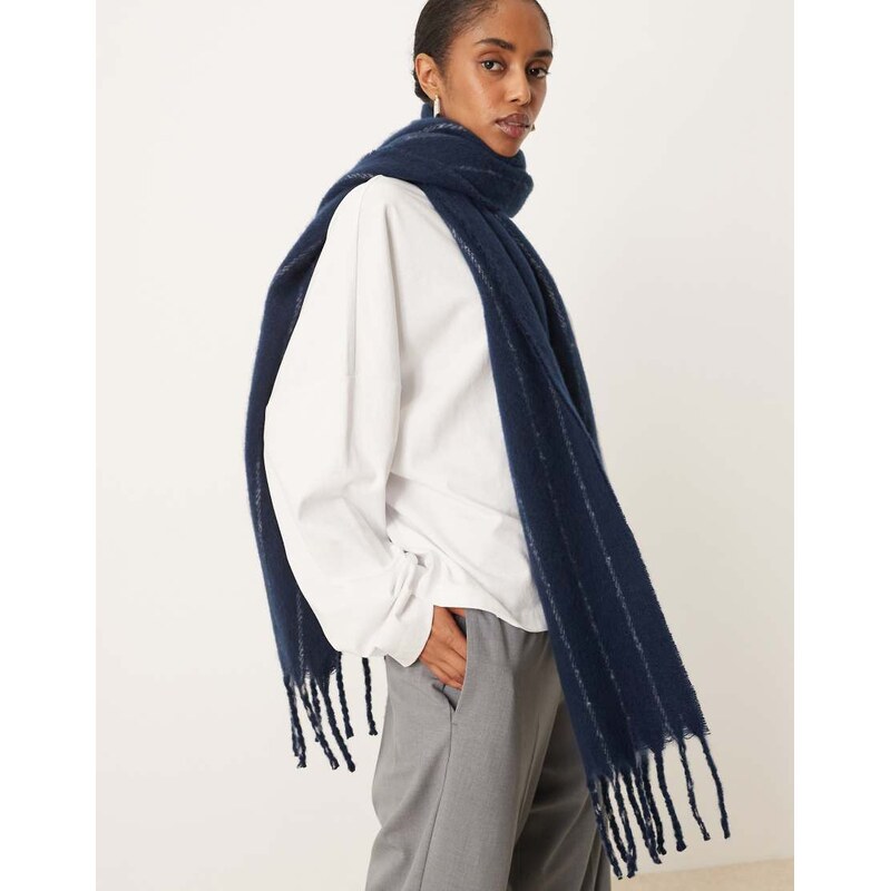 ASOS DESIGN woven fluffy scarf with navy and grey stripe design-Multi 109369401