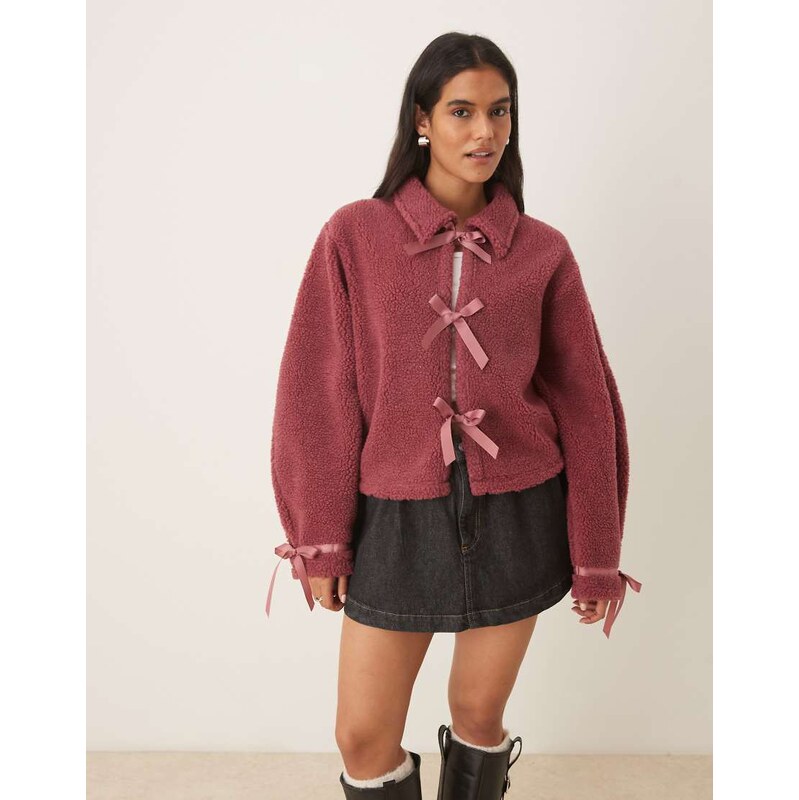 ASOS DESIGN borg fleece with bow tie front in dark rose-Purple