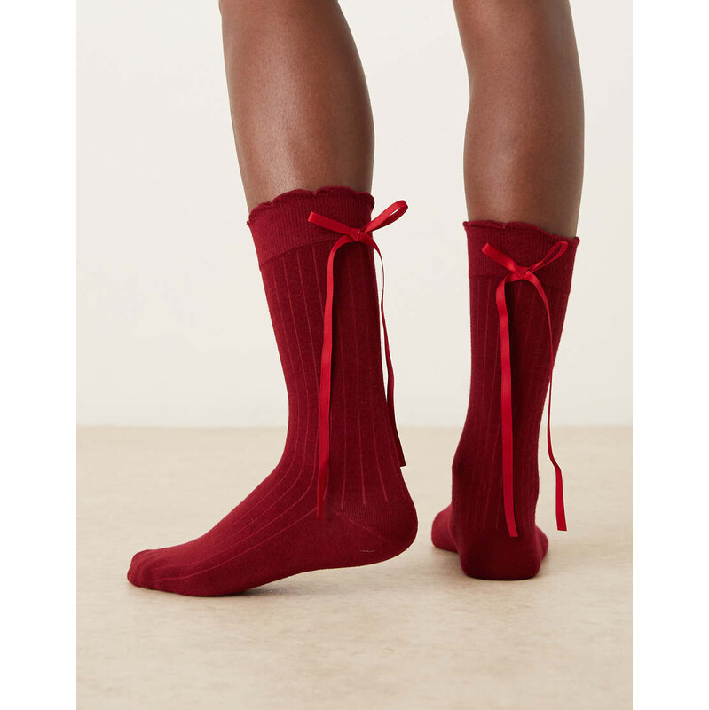 ASOS DESIGN socks with ribbon detail in wine red 109369528