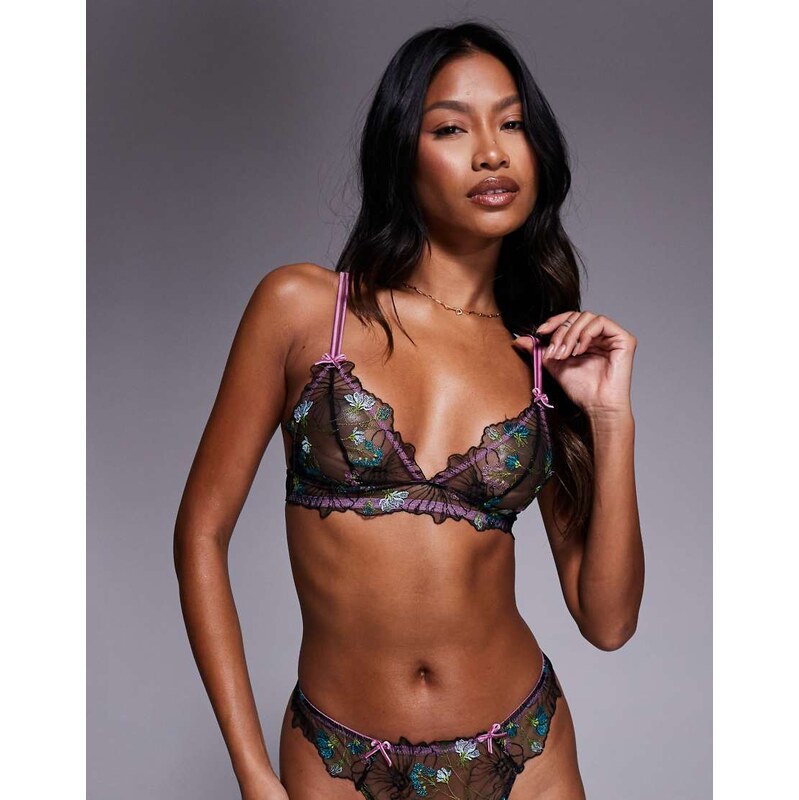 ASOS DESIGN Jamie floral embroidered longline triangle bra with satin 109369545
