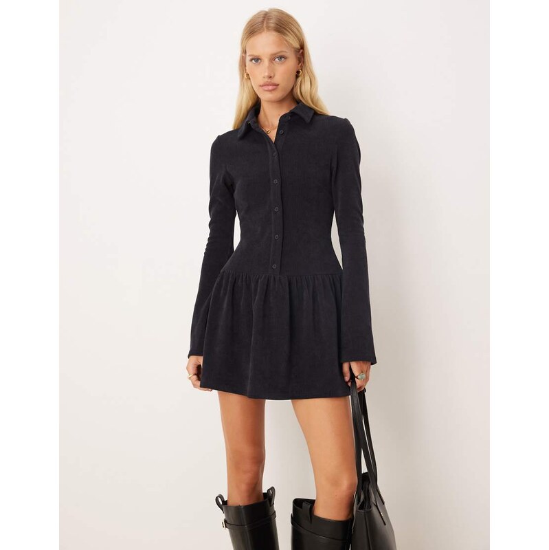 ASOS DESIGN button through drop waist mini dress in cord in navy