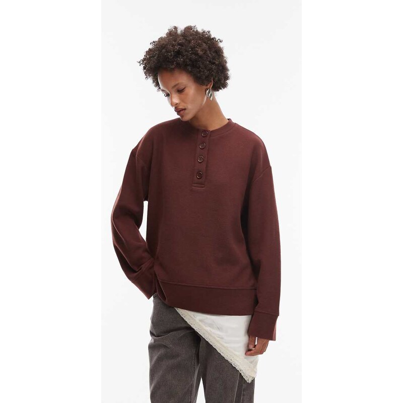 ASOS DESIGN Supersoft oversized henley half button sweat in choc - BROWN