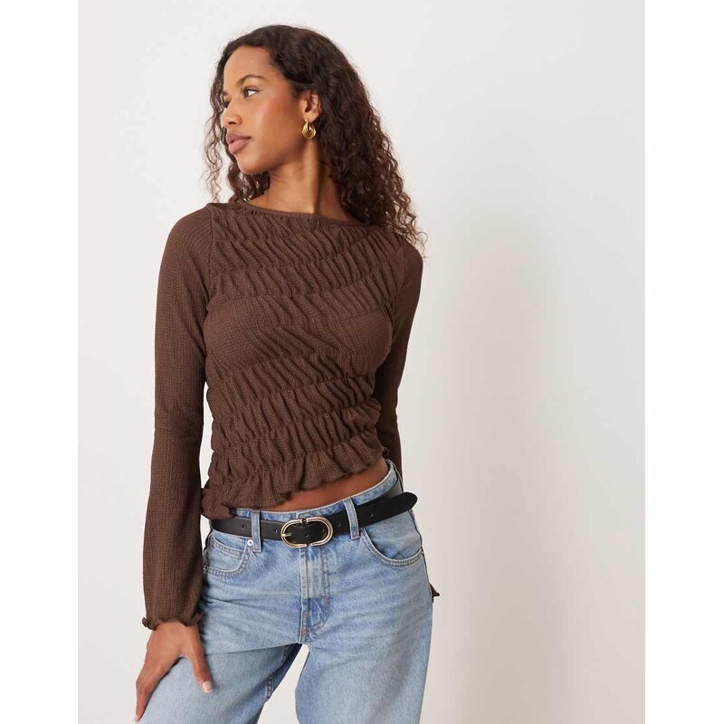 ASOS DESIGN shirred flare long sleeve top in chocolate-Brown