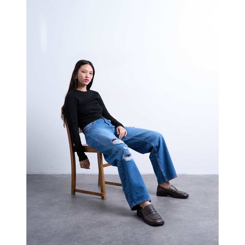 Topshop barrel jean with thigh rips in vintage blue