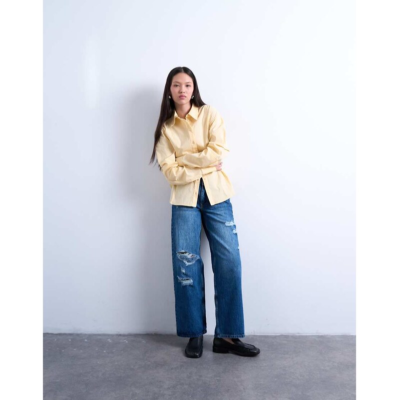 Topshop mid rise cinch jean with knee rip in vintage blue 109369676