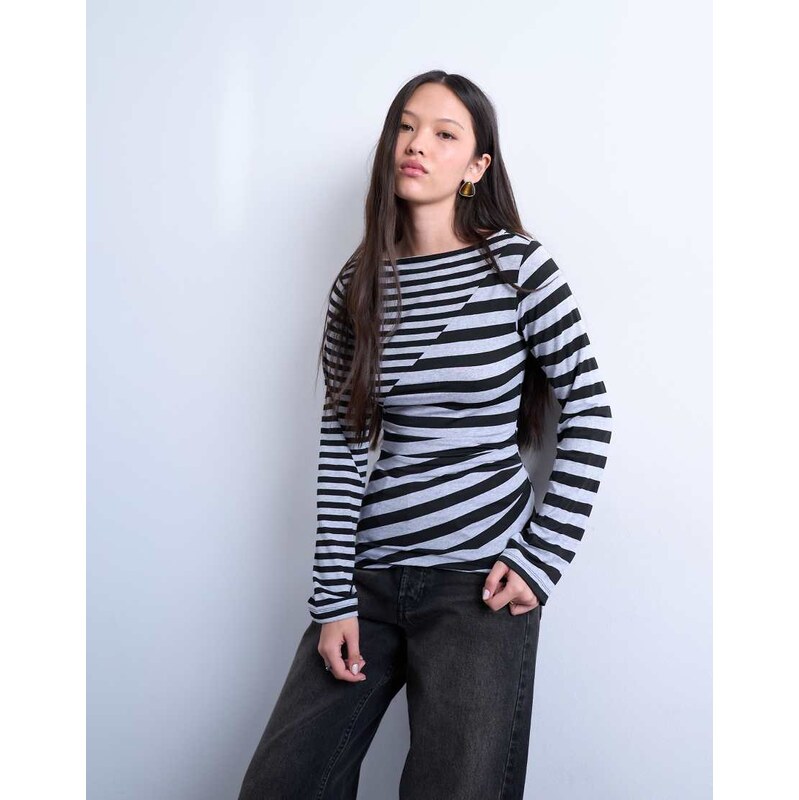 Topshop contrast stripe ruched long sleeve top in grey 109369806