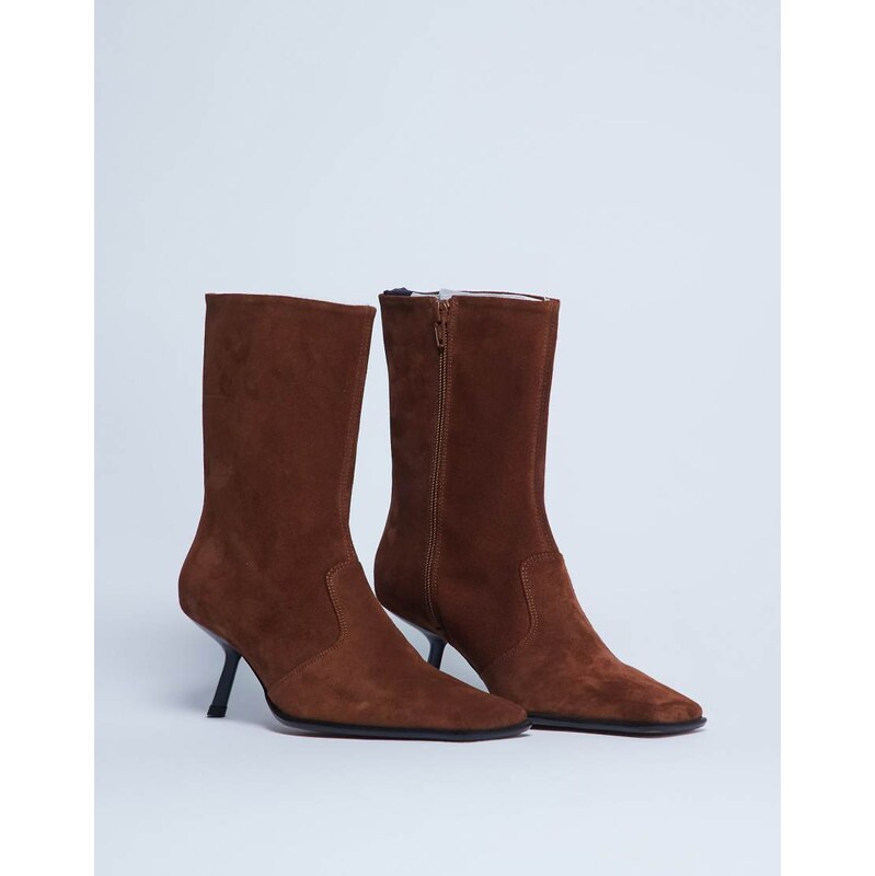 Topshop Sienna Premium suede leather square toe mid heel boot in tan 115514421