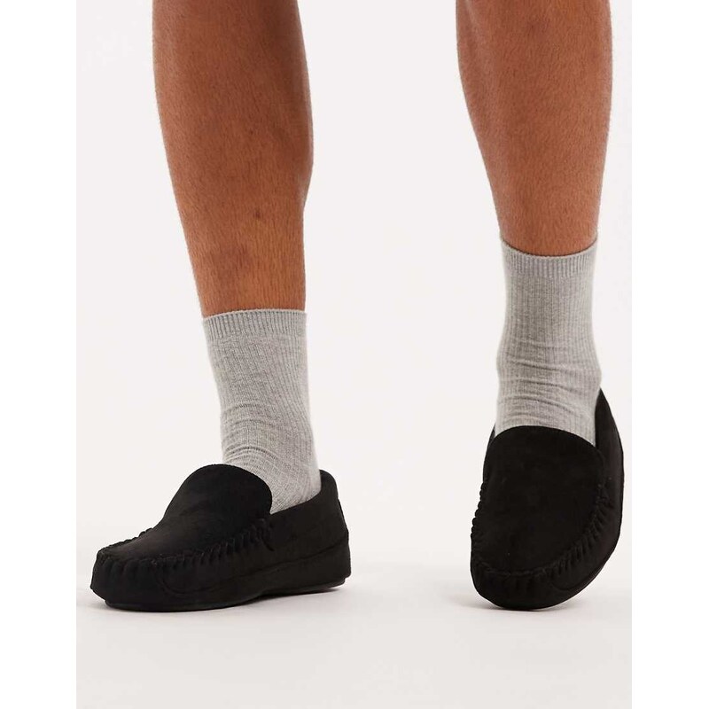 ASOS DESIGN moccasin slippers in black with faux fur lining