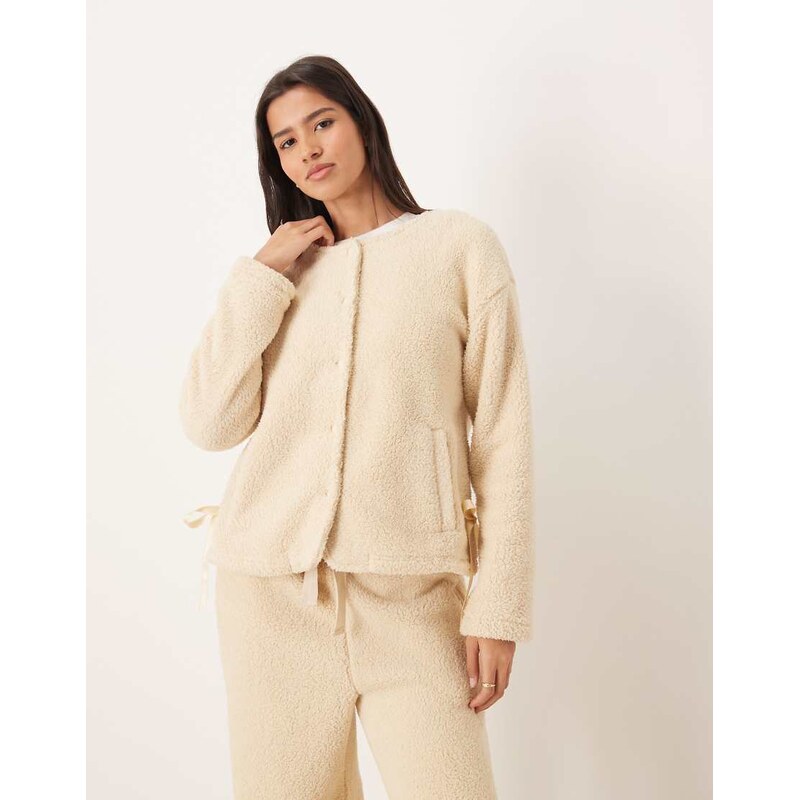 ASOS DESIGN lounge cuddle fleece jacket in oatmeal-Neutral 109369258