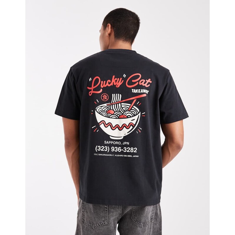 Threadbare relaxed fit takeaway graphic print t-shirt in black