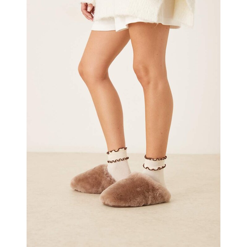 ASOS DESIGN Zori premium sheepskin mule in taupe-White