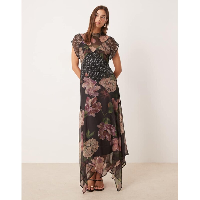 ASOS DESIGN seamed high neck flutter sleeve midi dress in mixed