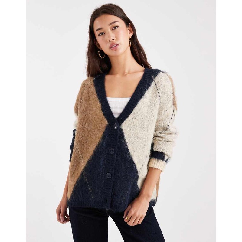 ONLY oversized fluffy cardigan in navy argyle-Blue 115533696