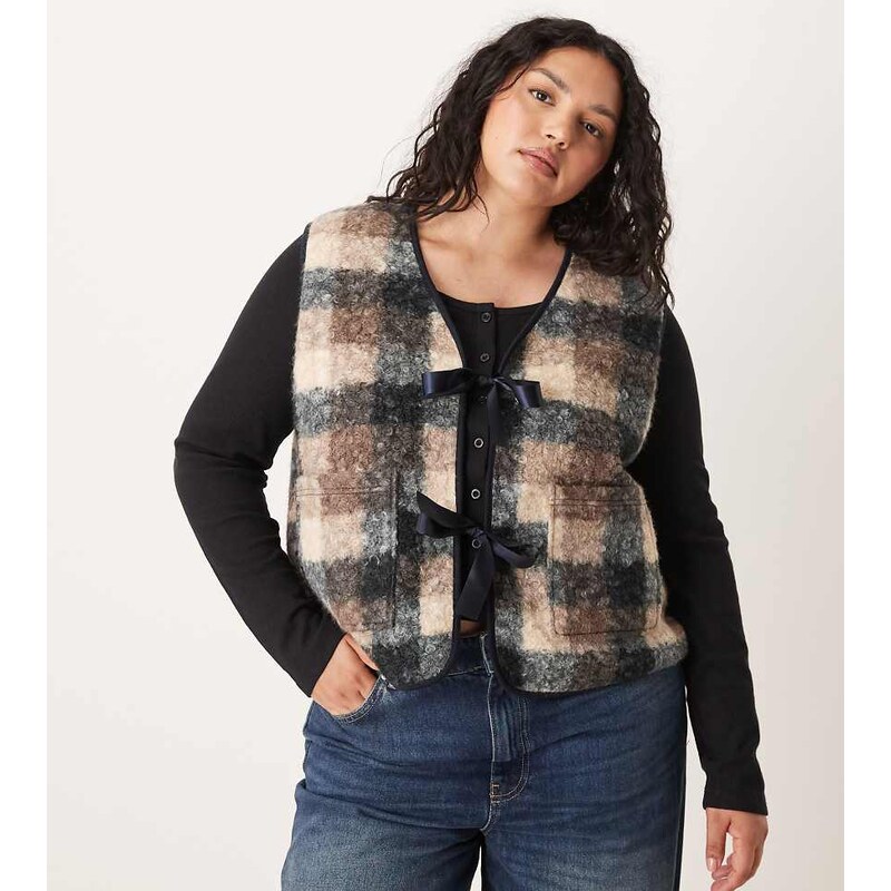 ASOS Curve ASOS DESIGN Curve borg fleece gilet with check design and 114821861