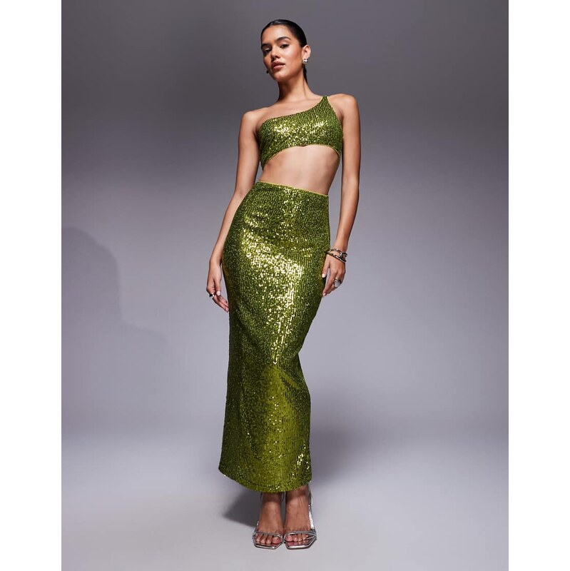 ASOS DESIGN all over sequin one shoulder faux-ord midi dress in lime green