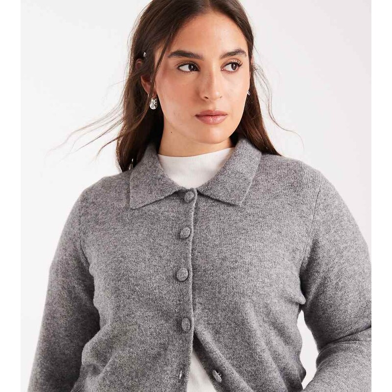 New Look Plus New Look Curve collared cardigan in mid grey
