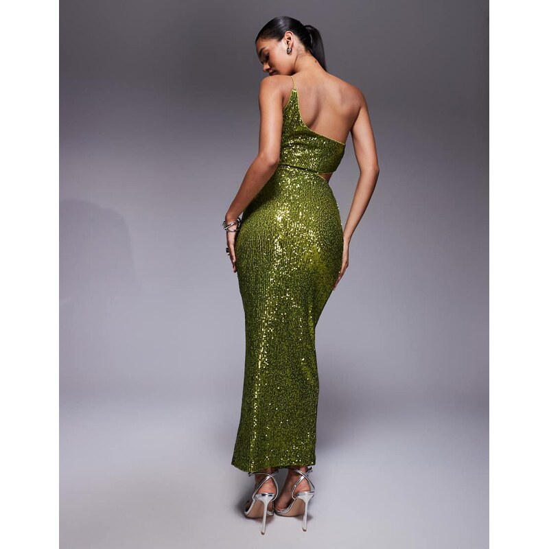 ASOS DESIGN all over sequin one shoulder faux-ord midi dress in lime green