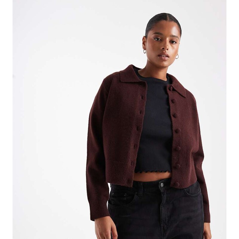 New Look Plus New Look Curve collared cardigan in dark burgundy
