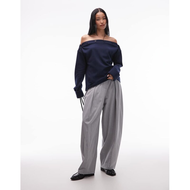 ASOS DESIGN Supersoft button detail boat neck long sleeve jumper in navy