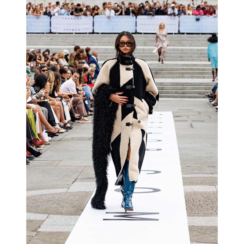 Topshop borg longline ovoid sleeve patchwork funnel neck coat in