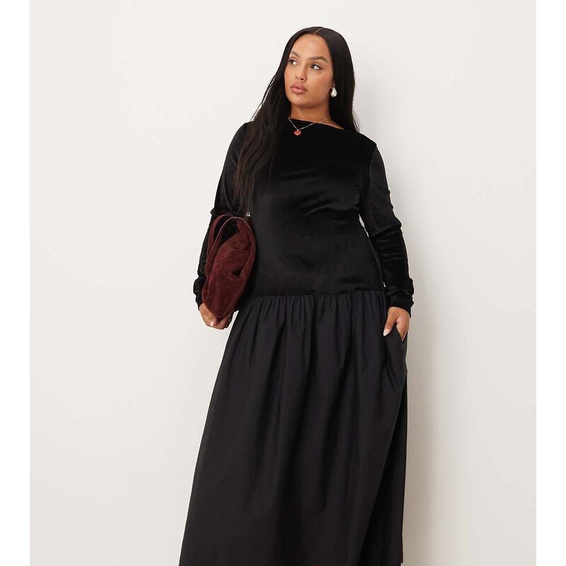 ASOS Curve ASOS DESIGN Curve velvet hybrid maxi dress with poplin 112191049