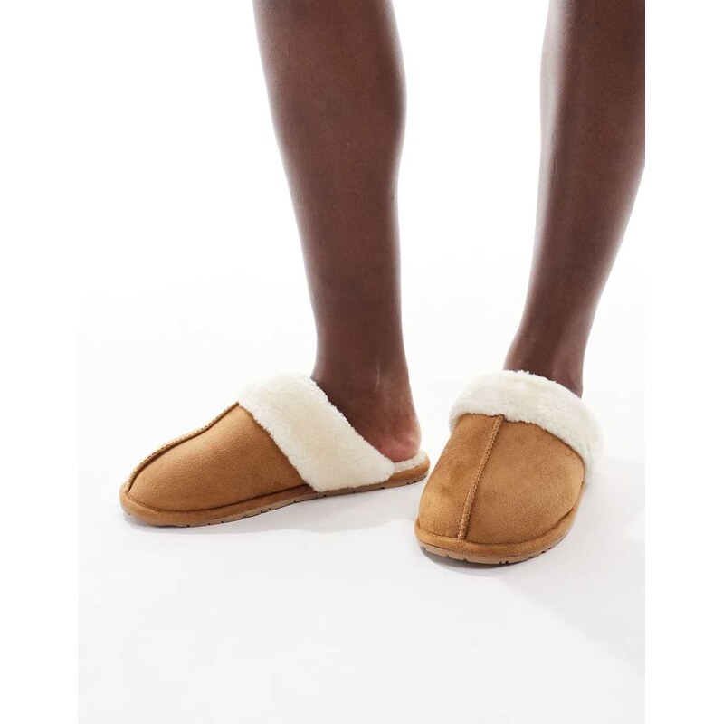 SEQWL faux fur mule slippers in sand-Brown