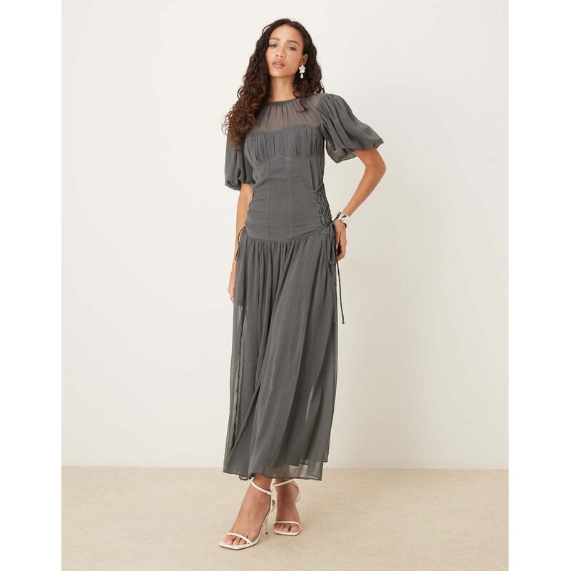 ASOS DESIGN puff sleeve chiffon midaxi dress in charcoal grey