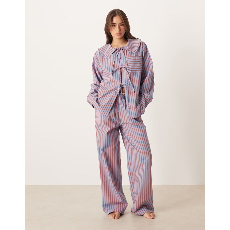 ASOS DESIGN bow detail pyjama set in orange & blue stripe-Multi