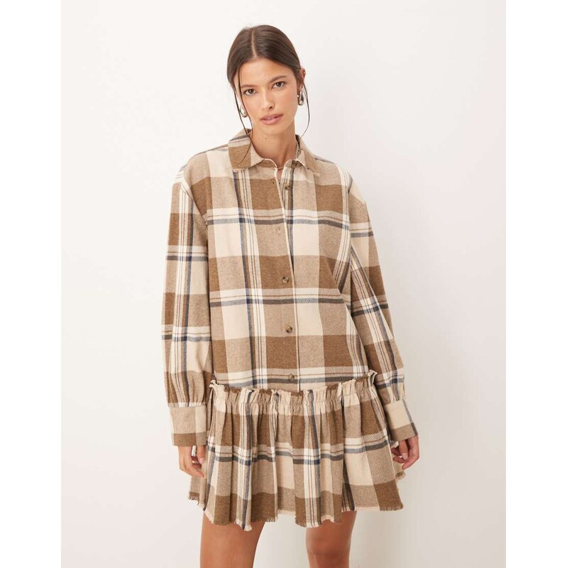 ASOS DESIGN mini shirt dress with dropped waist in tonal tan check-Multi