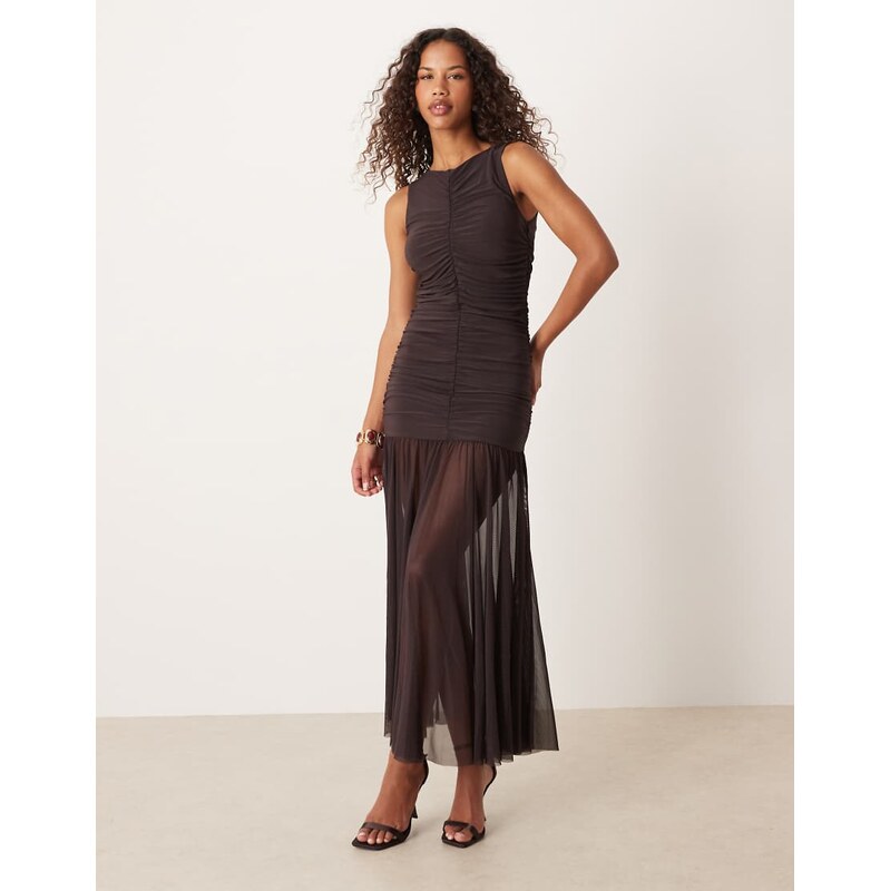 Gina Tricot sleeveless dropped waist midi dress in dark brown
