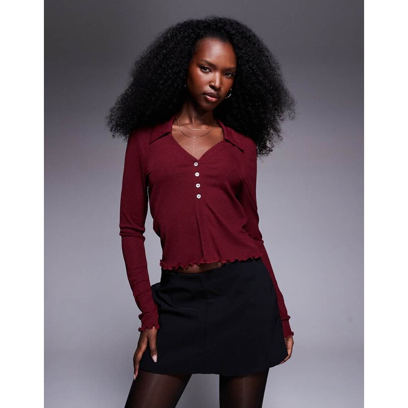 ASOS DESIGN long sleeve semi sheer shirt in burgundy-Grey