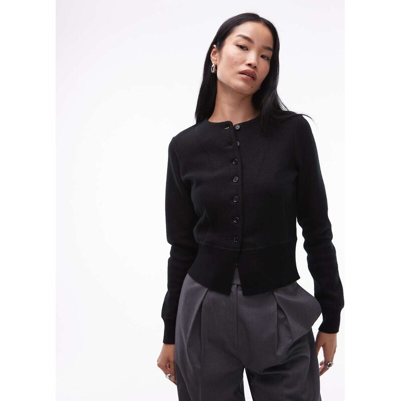 ARKET double-faced rich wool cardigan with cinched waist hem in black 109388555
