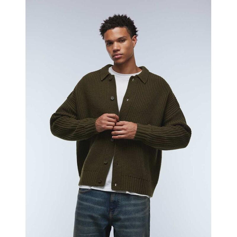 ASOS DESIGN oversized boxy fit heavyweight knitted wool blend cardigan in khaki-Green