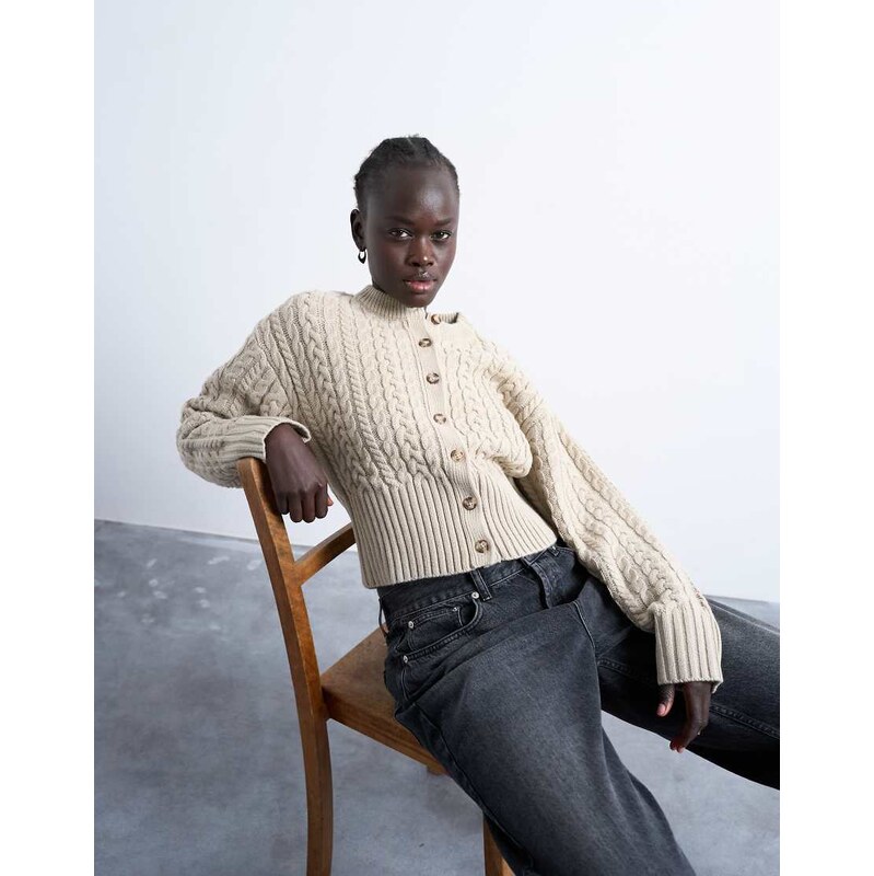 Topshop knitted cable fitted waist cardigan in oat-White