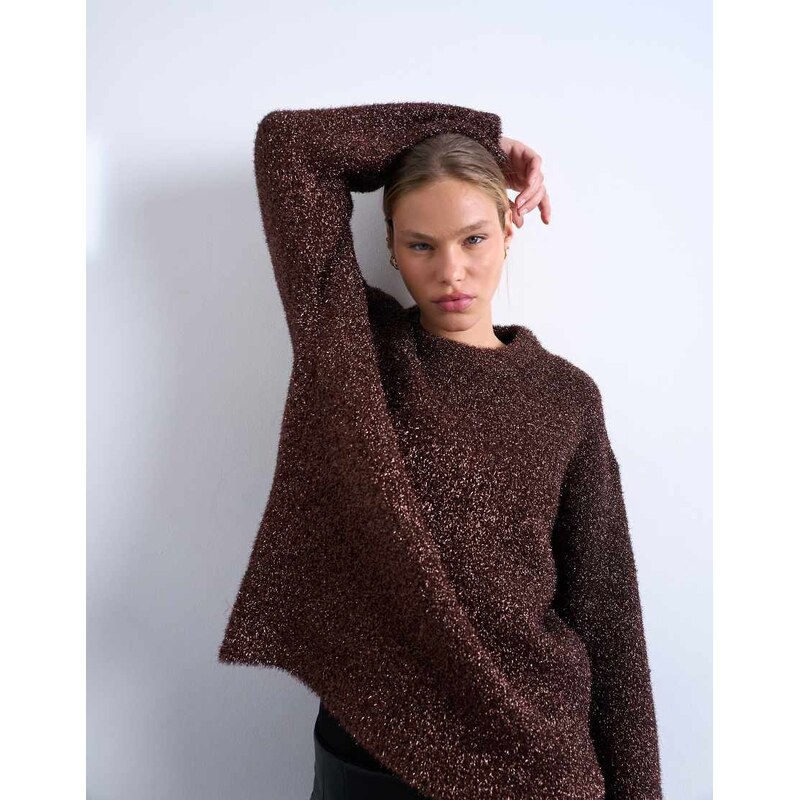 Topshop knitted oversized tinsel wide sleeve jumper in brown 109378475