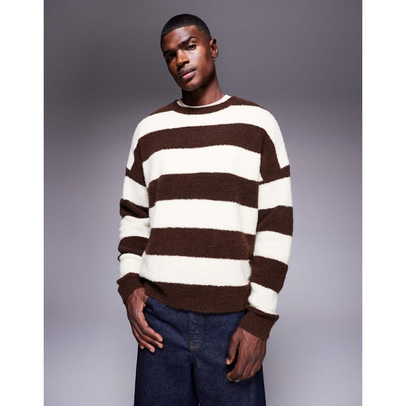 ASOS DESIGN oversized knitted fluffy stripe jumper in brown and