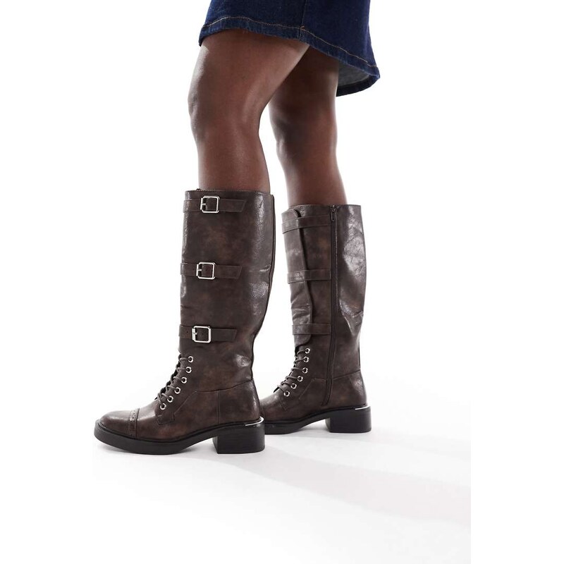 SEQWL Twix buckle detail lace up knee boots in distressed brown 115512702