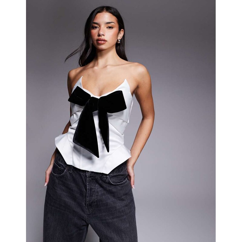 ASOS LUXE bonded satin corset top with velvet bow in white 109378525