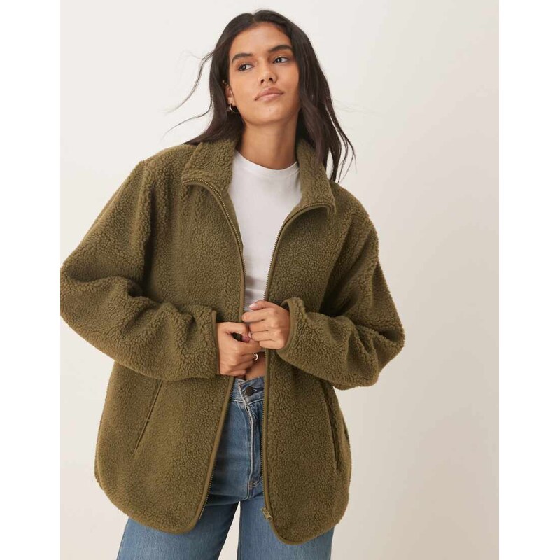 ASOS DESIGN borg zip through fleece in khaki-White 115513578