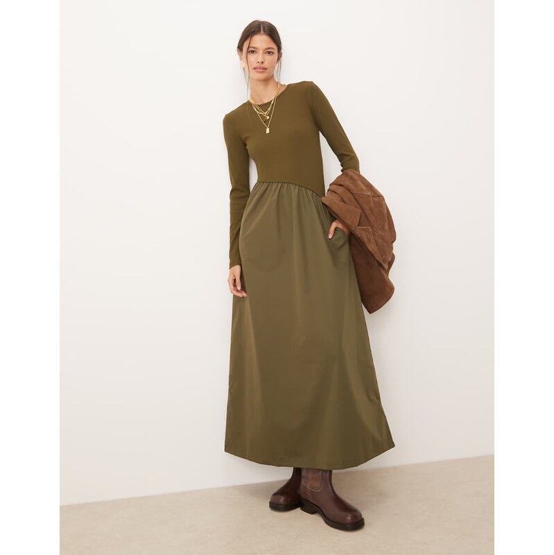 Threadbare long sleeve midi dress with poplin skirt in khaki-Green 109378571