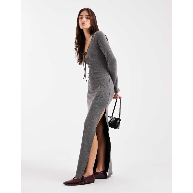 ASOS DESIGN ribbed long sleeve tie front midi dress in charcoal