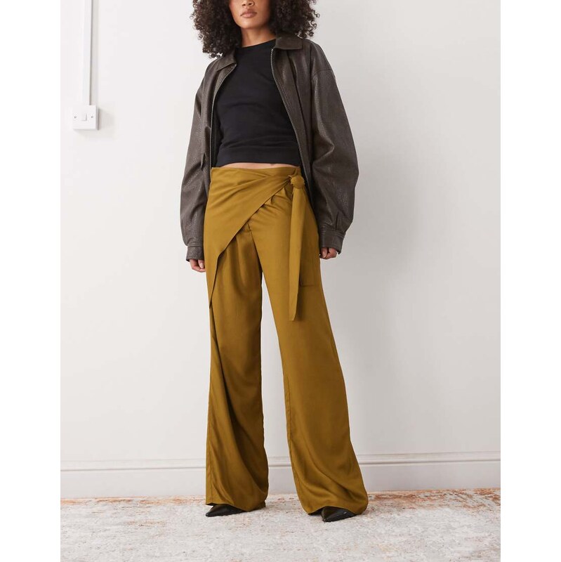 Reclaimed Vintage wide leg trouser with wrap tie detail in khaki