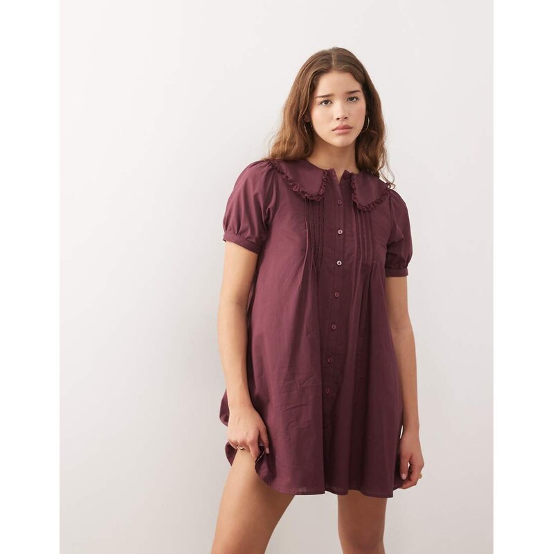 Reclaimed Vintage button through mini dress with pintucks in plum 109378692
